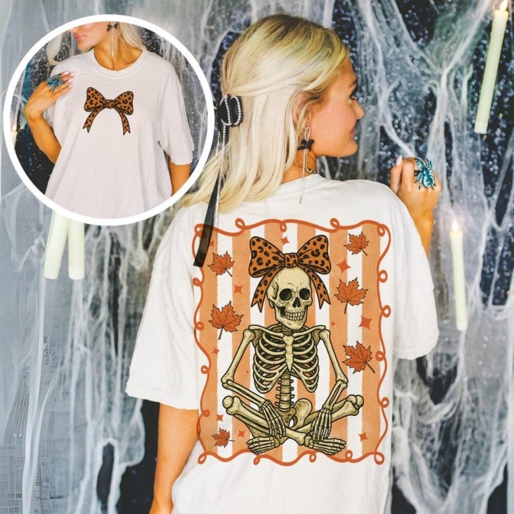 Fall Skeleton with Bow Tee, Cute Leopard Bow Tee